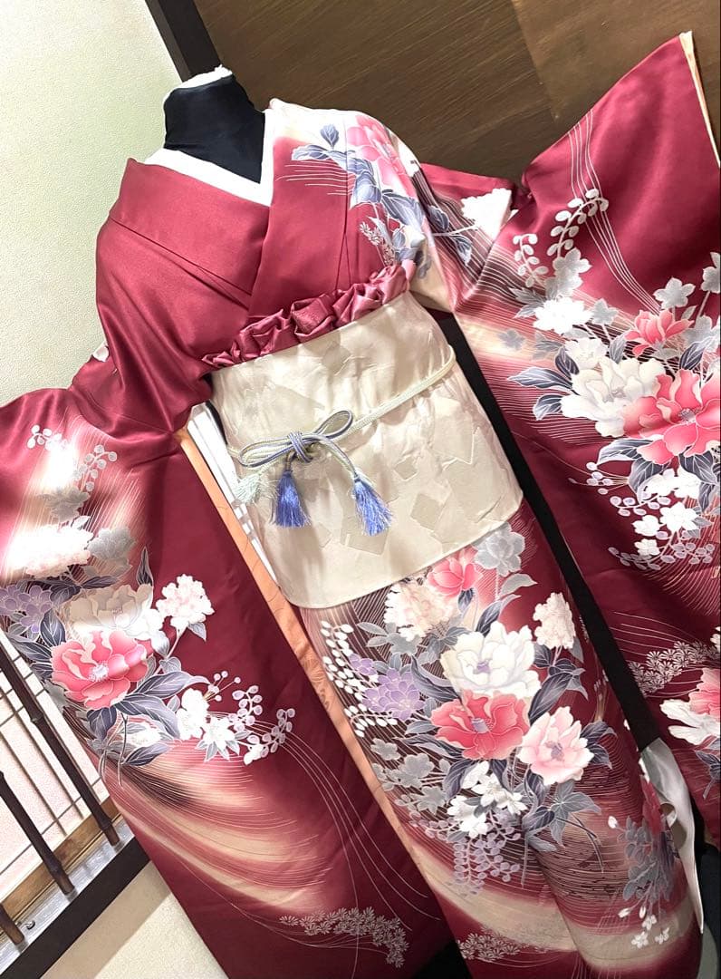 振袖フルセット6点サイズM〜Ｌ草花文　暈し染め　金銀彩　正絹