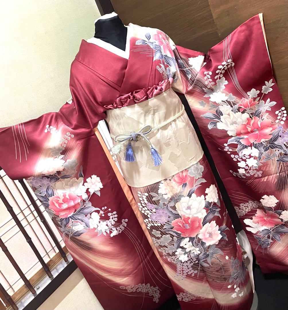 振袖フルセット6点サイズM〜Ｌ草花文　暈し染め　金銀彩　正絹