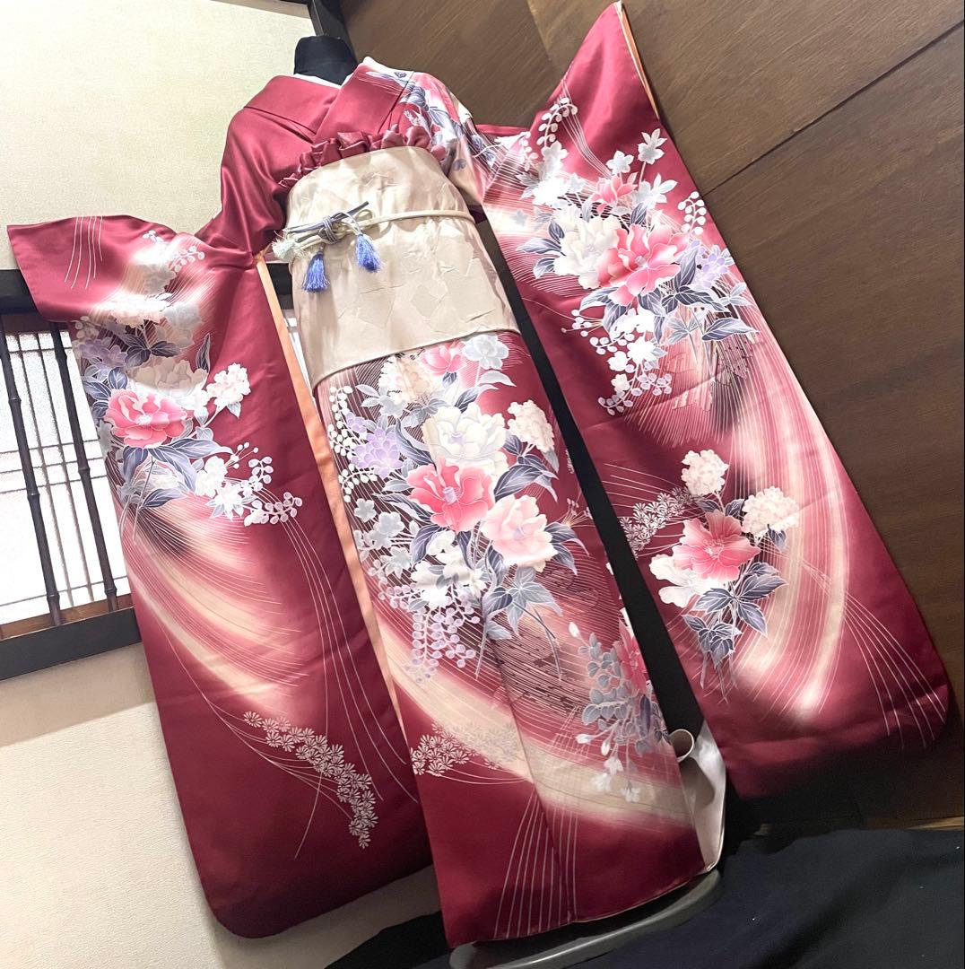 振袖フルセット6点サイズM〜Ｌ草花文　暈し染め　金銀彩　正絹