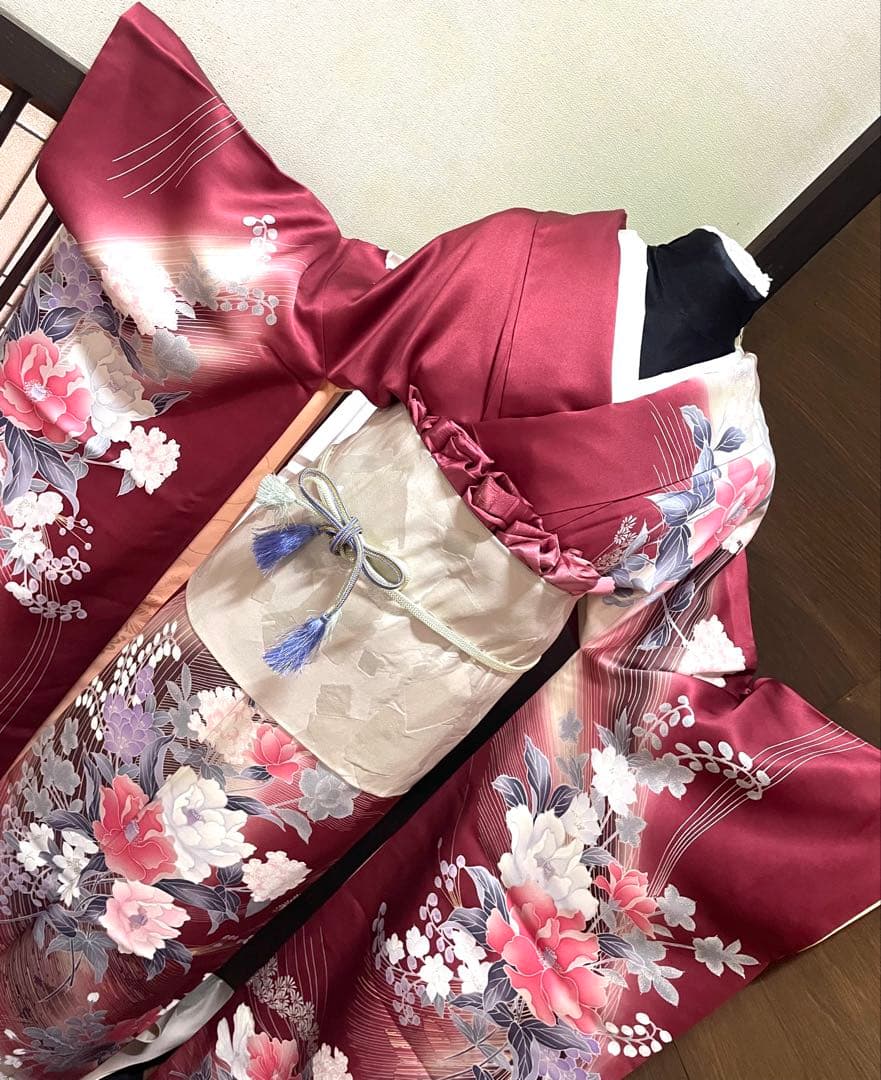 振袖フルセット6点サイズM〜Ｌ草花文　暈し染め　金銀彩　正絹