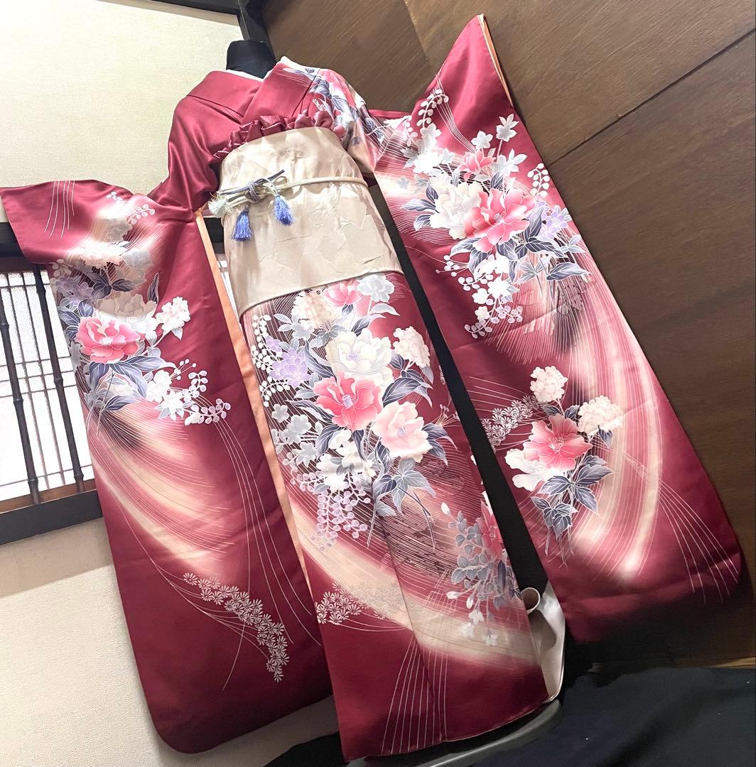 振袖フルセット6点サイズM〜Ｌ草花文　暈し染め　金銀彩　正絹