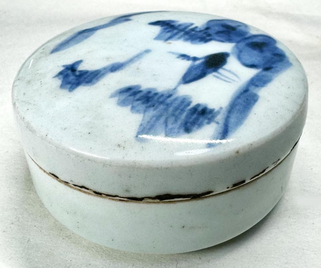 古染香合 修復あり 箱付 伝世品焼物 虫食い 青花 呉須 ウブ品 WWTT114