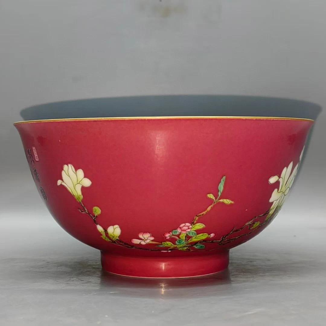 珐琅彩 胭脂紅地 花卉文 碗｜陶磁器｜精巧絵付け｜雍正年制
