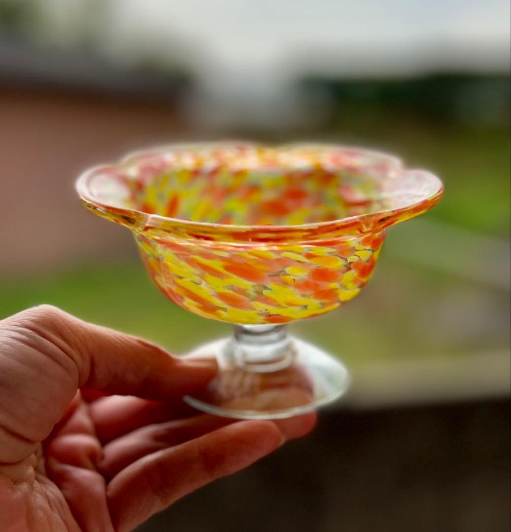 大正ロマン　吹雪紋氷コップオレンジ　ウランガラス　和ガラス　アンティーク　古道具