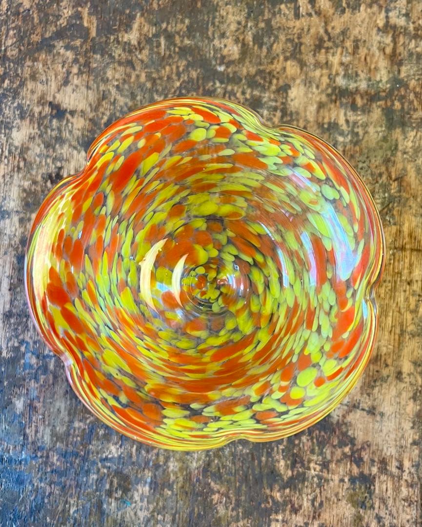 大正ロマン　吹雪紋氷コップオレンジ　ウランガラス　和ガラス　アンティーク　古道具