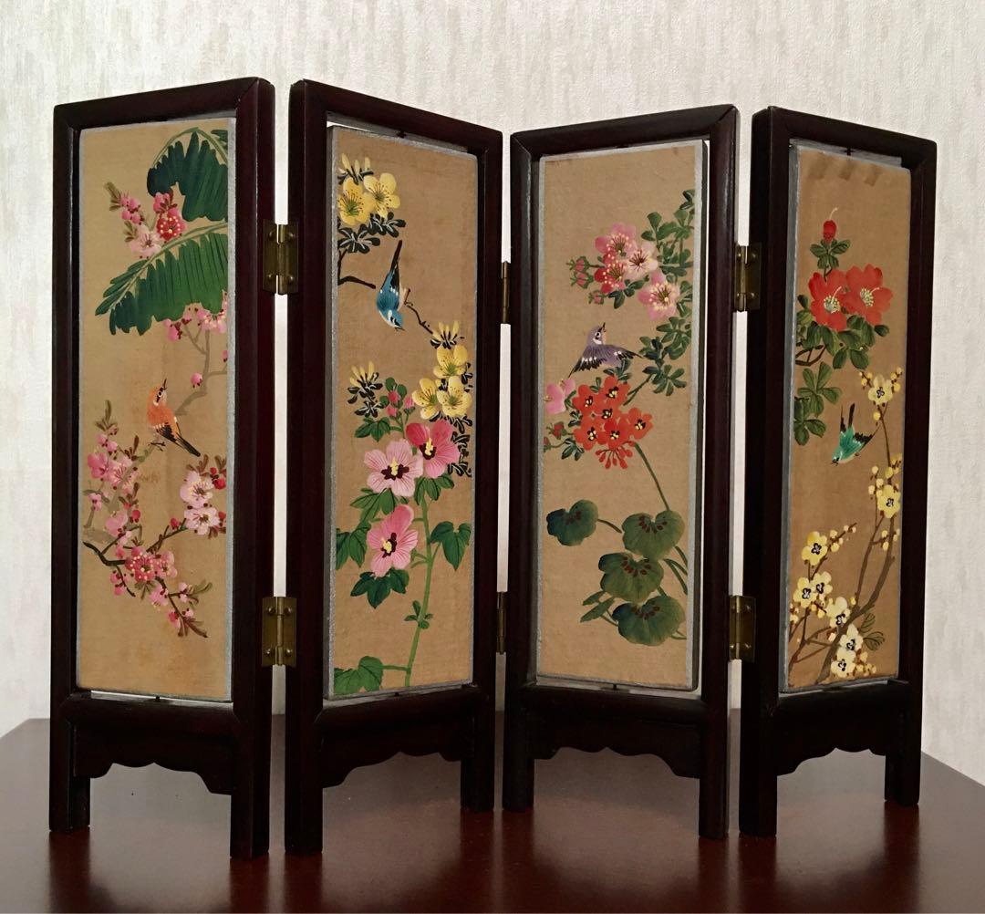 ★中国美術工芸品　回転式　ミニ屏風　両面飾り　花画　　美人画
