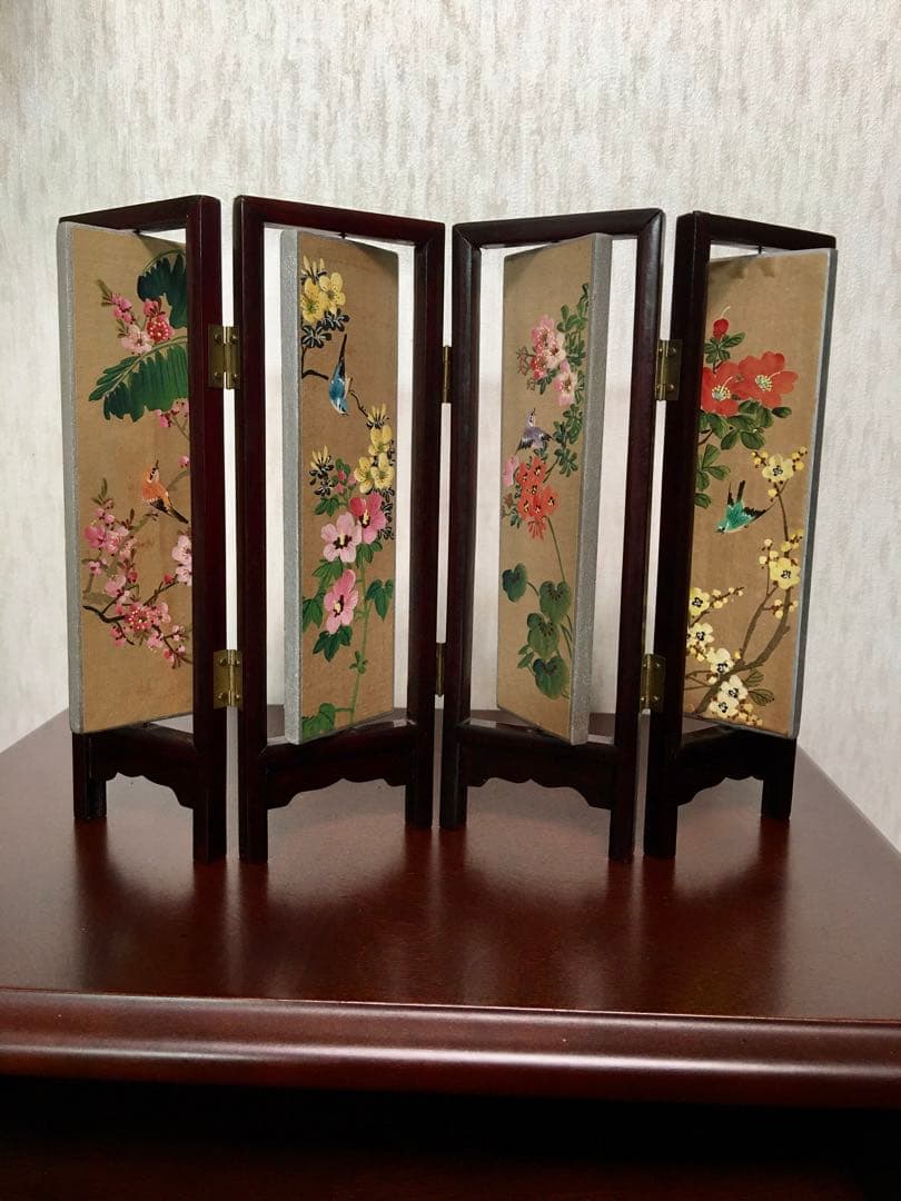 ★中国美術工芸品　回転式　ミニ屏風　両面飾り　花画　　美人画