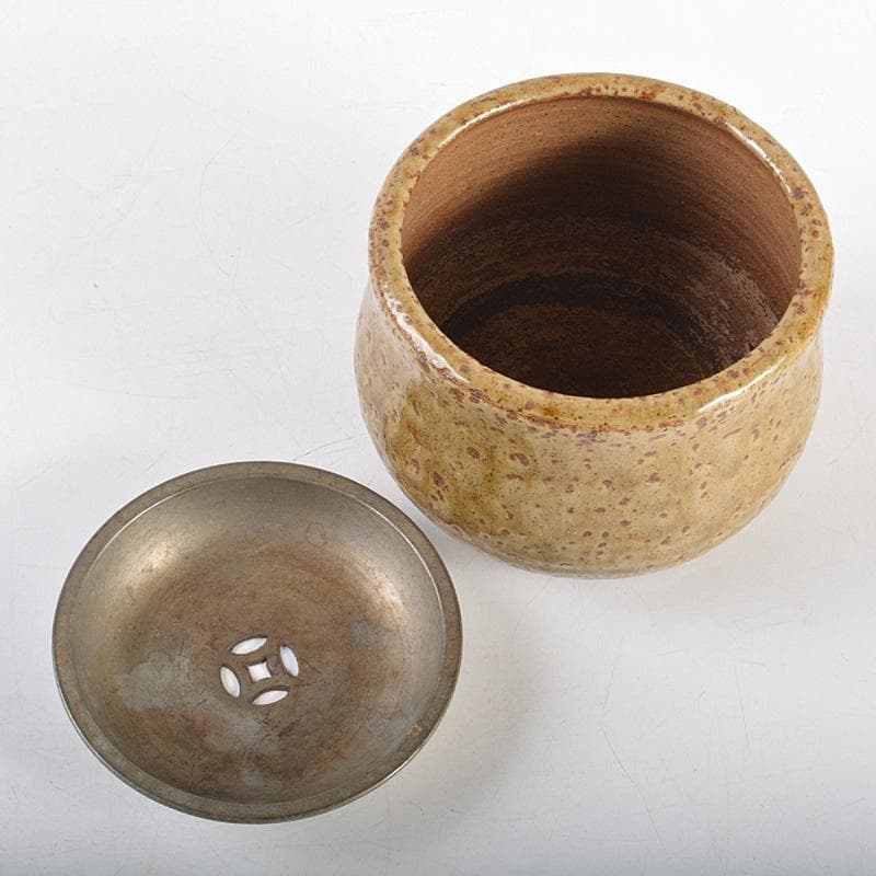 煎茶道具　信楽焼　錫製透蓋　茶こぼし　在銘　V　R5588