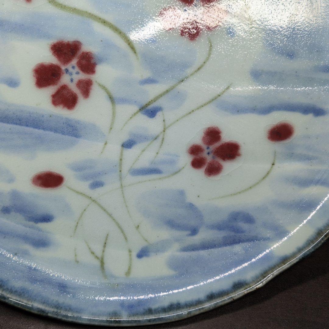 斉山窯 太田恵 作 色絵 花文 大皿 口径約31cm