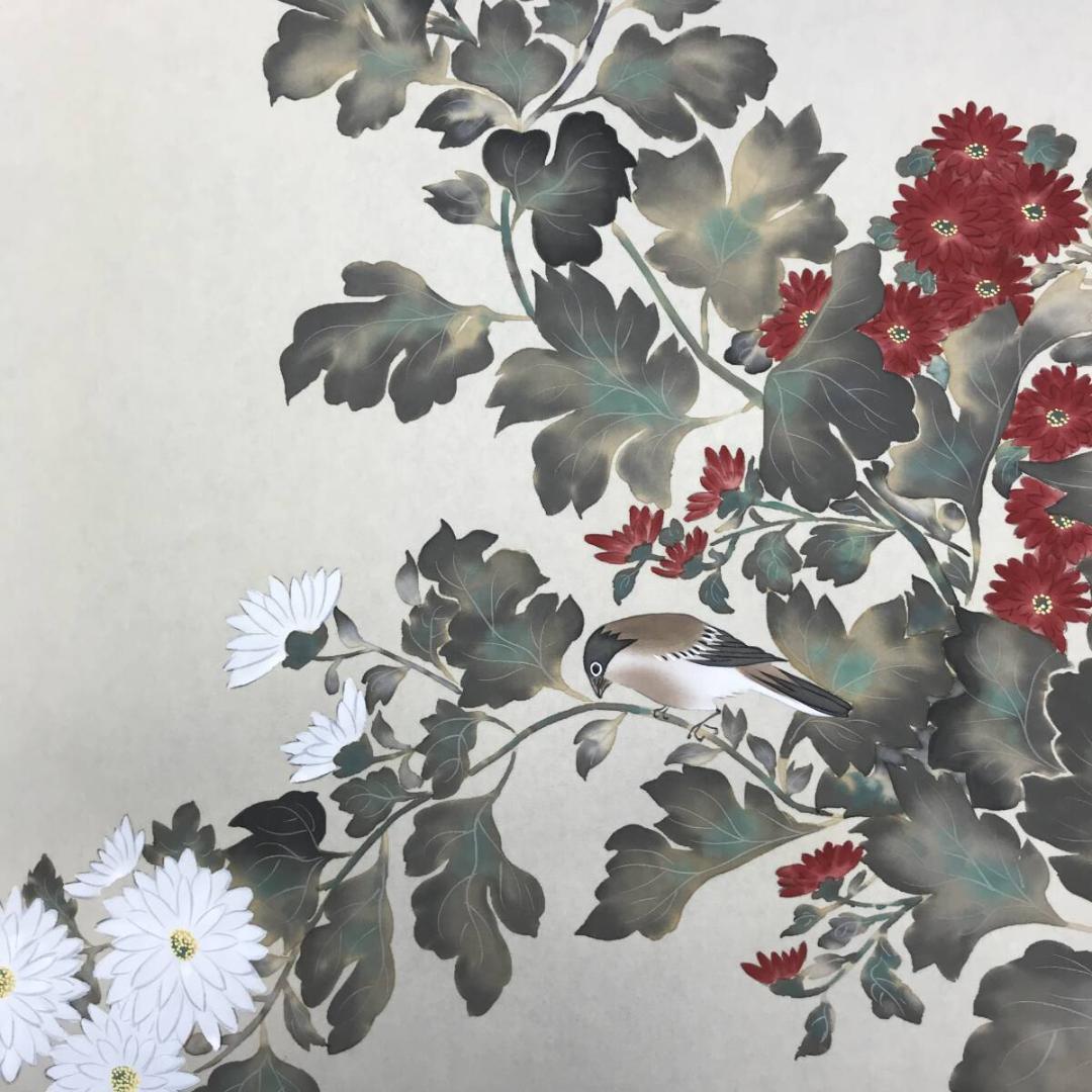 複製/酒井抱一/菊に小禽図/菊に小鳥図/花鳥図/工芸品/掛軸☆宝船☆AH-772