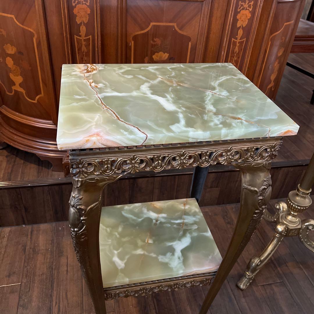 k079r118 イタリア製 大理石コンソールテーブル グリーン系 真鍮脚 2段