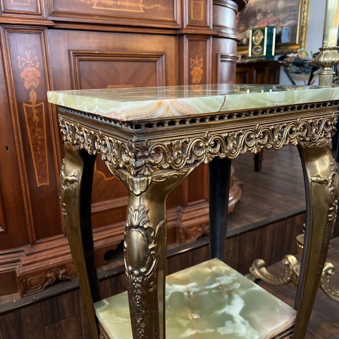 k079r118 イタリア製 大理石コンソールテーブル グリーン系 真鍮脚 2段