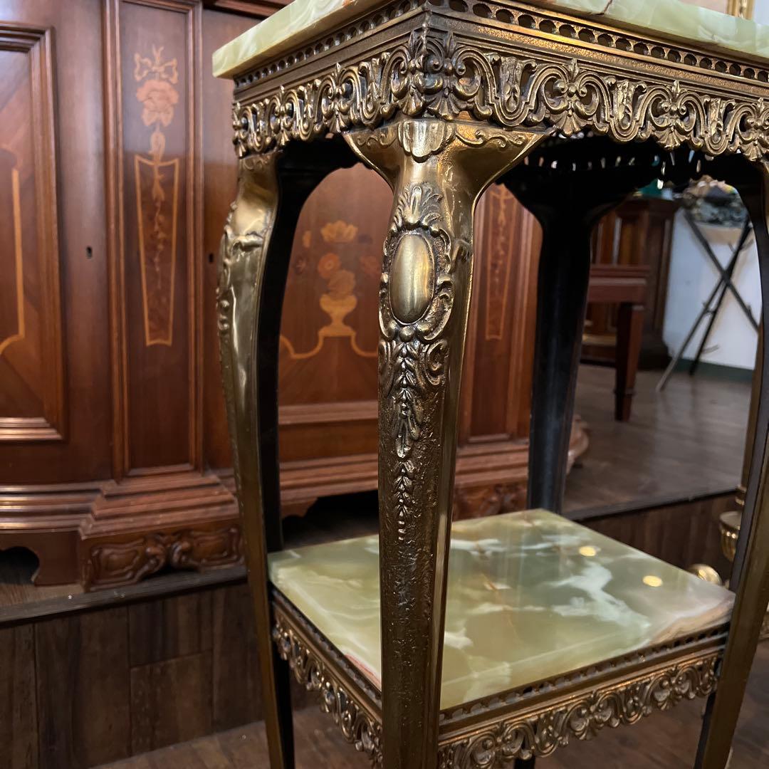 k079r118 イタリア製 大理石コンソールテーブル グリーン系 真鍮脚 2段