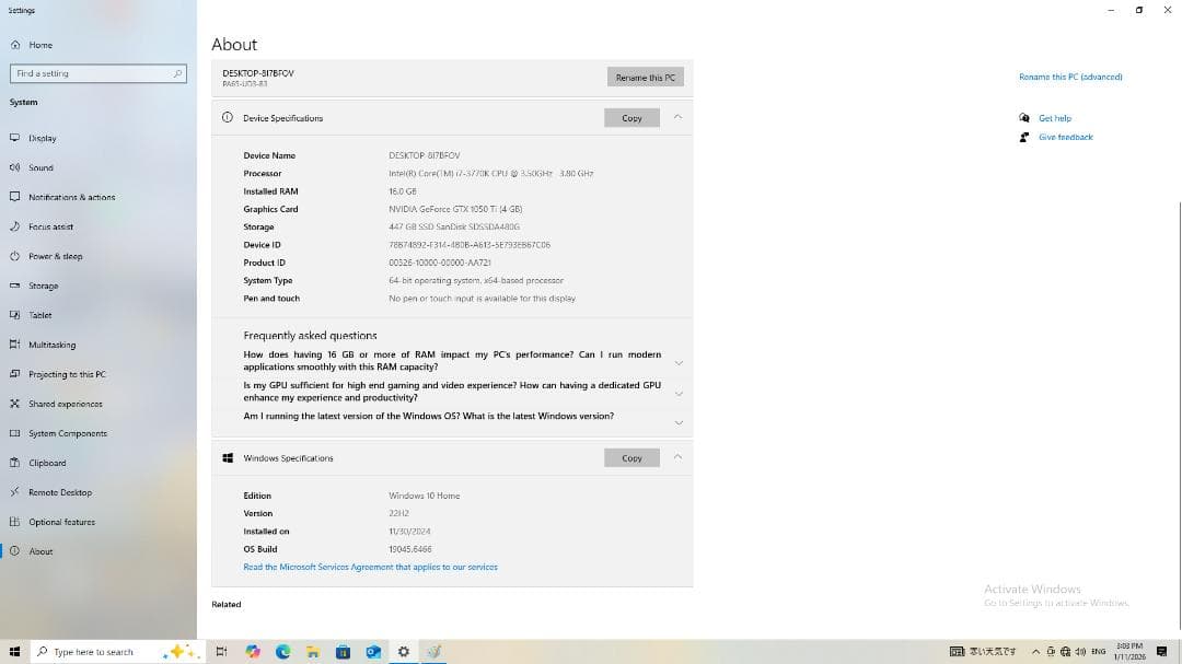 GTX1050Ti i7-3770K 16GB SSD512GB Win未認証