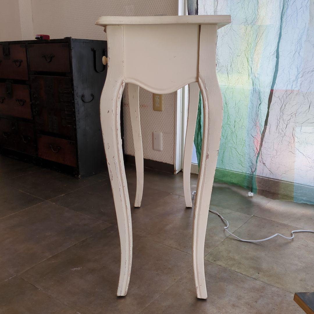 ホワイト バラ サイドテーブル ロココ調 猫脚 引き出し 木製 薔薇