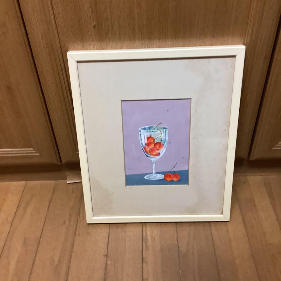 東　直樹　　水彩画　肉筆画　　【　題目　】　グラスにチェリー図　額装仕立て