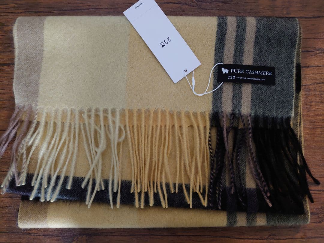 23区カシミヤ100%チェック柄マフラー イエロー2025AW