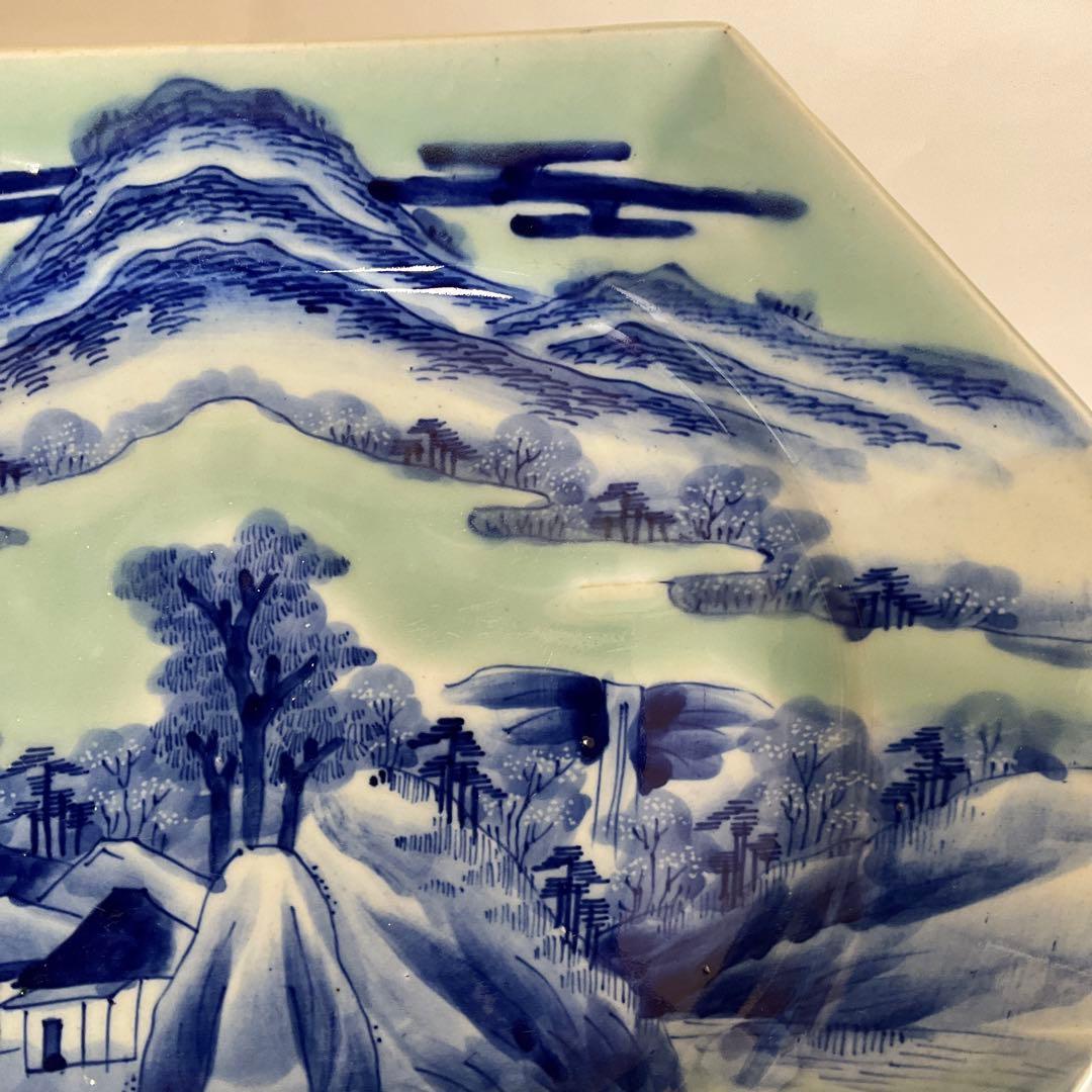古伊万里　青磁染付山水文八角皿　江戸時代中期〜後期頃　名品