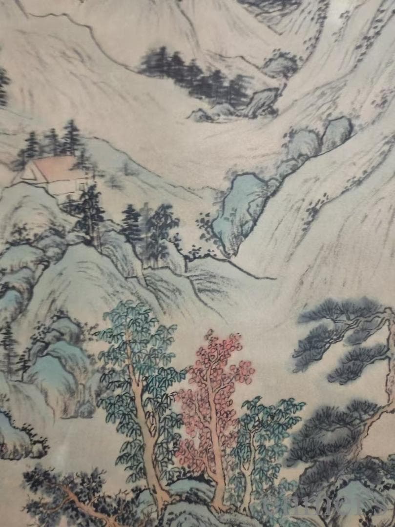 中国古美術.王原祁款.山水図.宣紙画.三尺手描き.肉筆.掛け軸.水墨画.文房置物