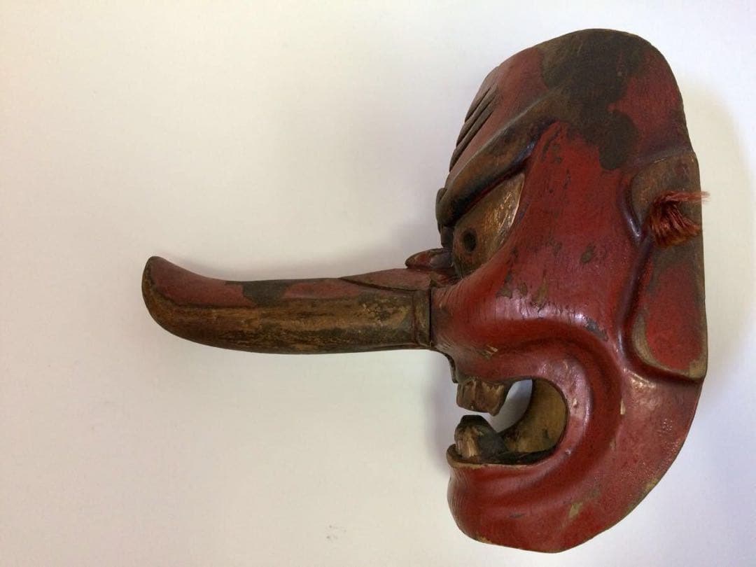 【江戸時代 天狗面】 木彫 猿田彦大神　魔除け　舞踏　神楽