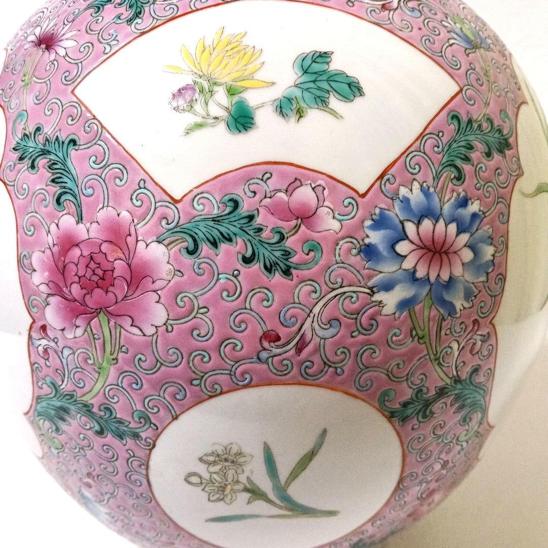 大型 45cm 大清乾隆年製款 粉彩 天球瓶 唐花鳥花瓶 中国美術 骨董