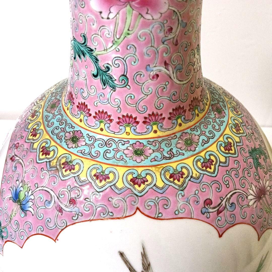 大型 45cm 大清乾隆年製款 粉彩 天球瓶 唐花鳥花瓶 中国美術 骨董