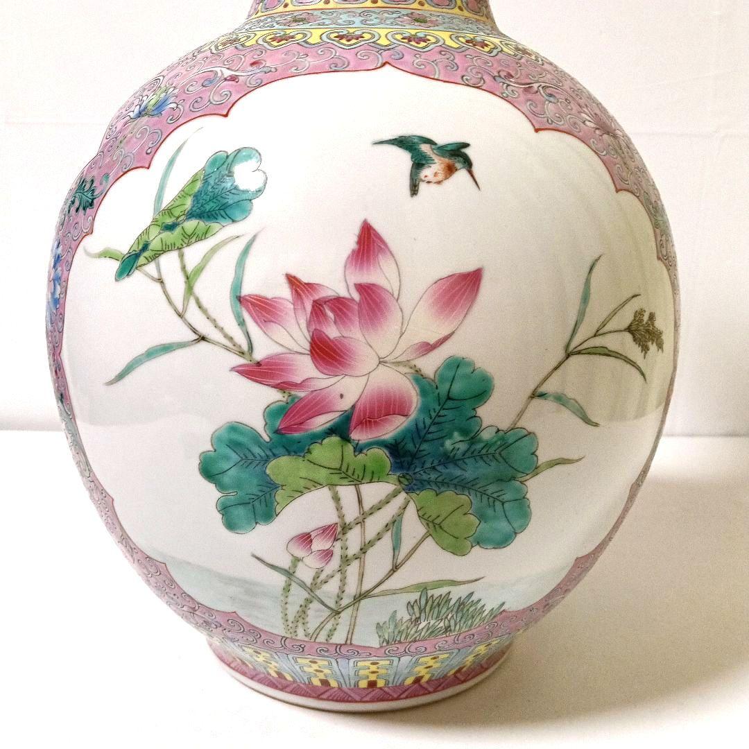 大型 45cm 大清乾隆年製款 粉彩 天球瓶 唐花鳥花瓶 中国美術 骨董