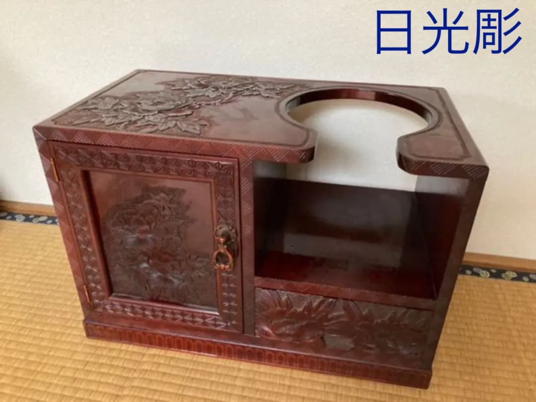 ★日光彫★ 木彫り 民芸品 ポット台 アンティーク