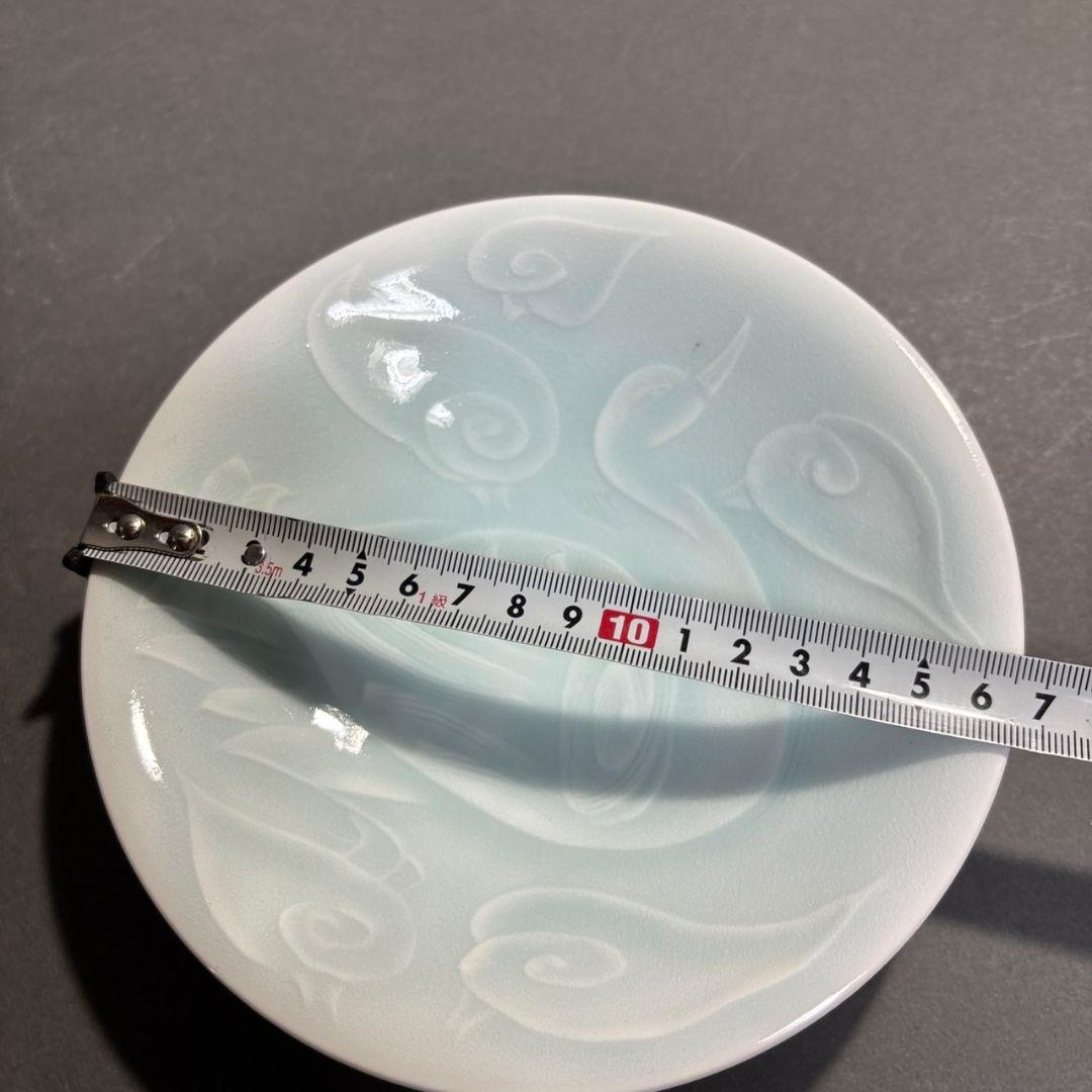 人間国宝　塚本快示　快山窯　青白磁　水鳥文　鉢　共箱