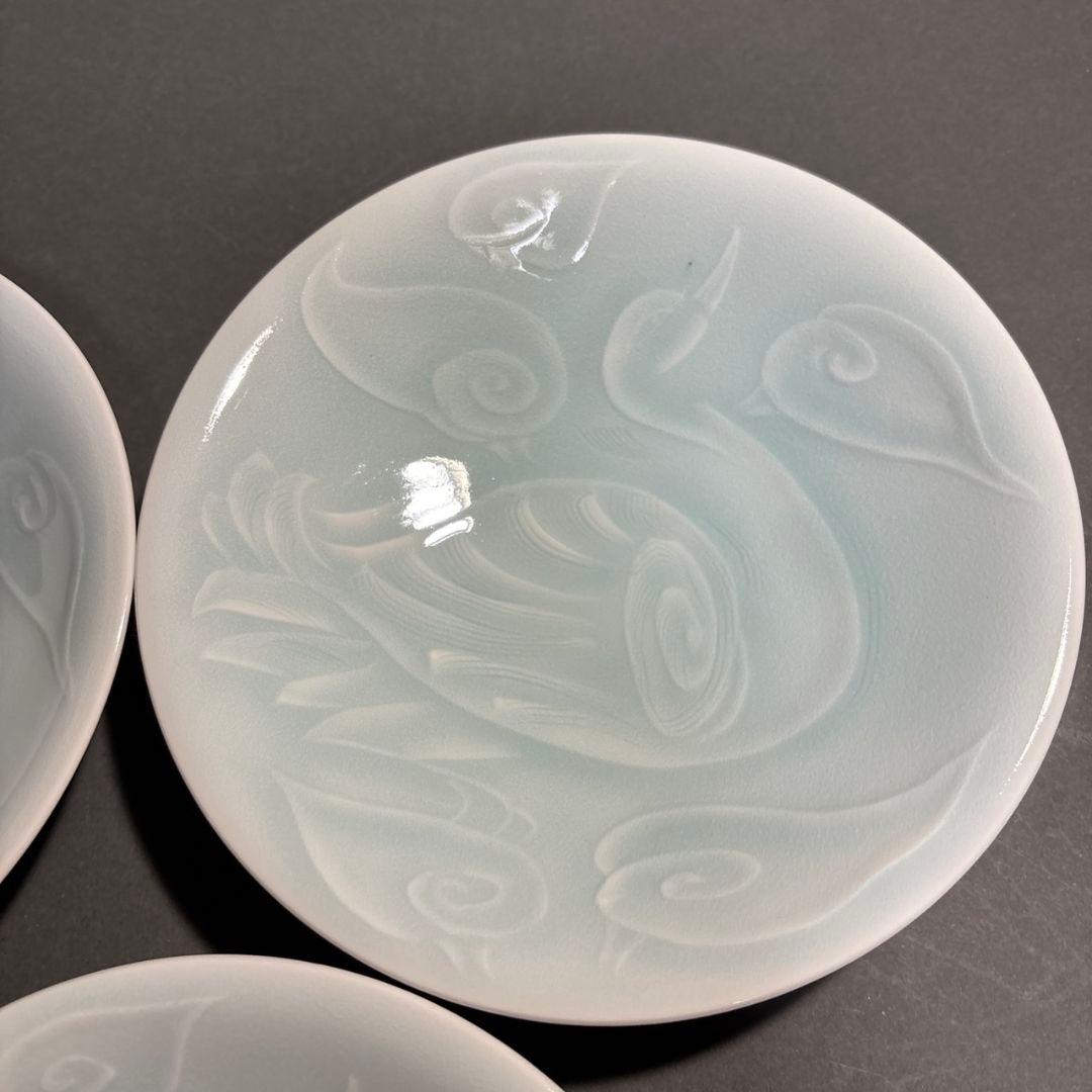 人間国宝　塚本快示　快山窯　青白磁　水鳥文　鉢　共箱