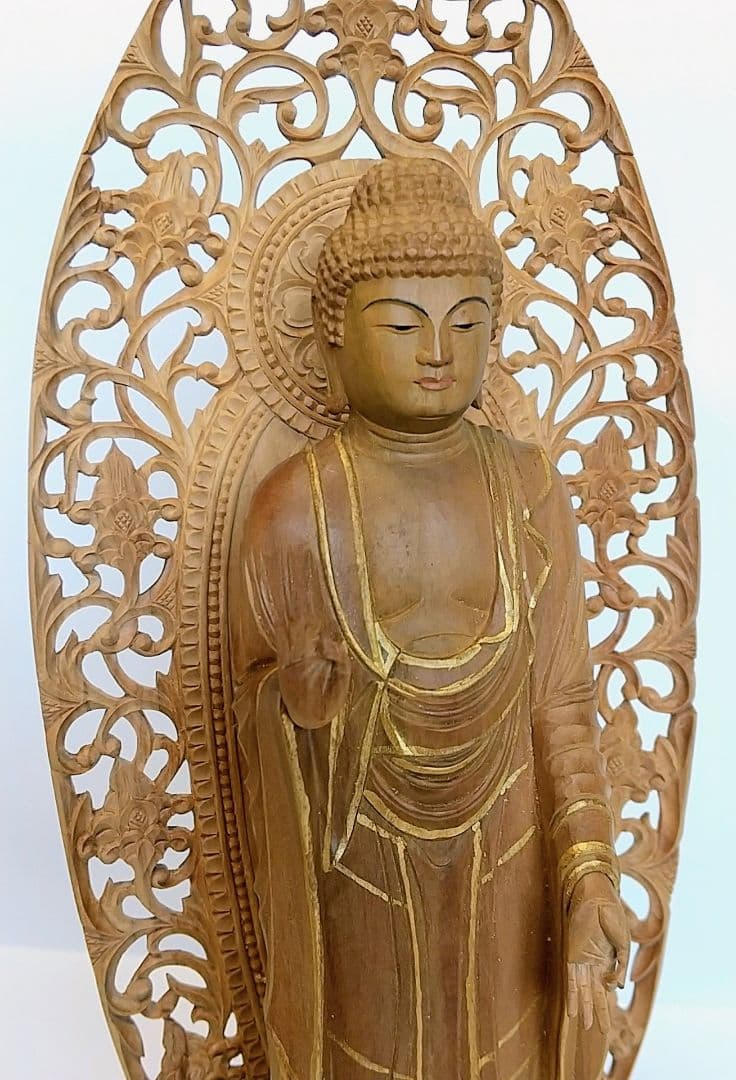 阿弥陀如来立像 5寸 #661 円台座 宝相華唐草 透彫り◆白檀 木彫 仏像