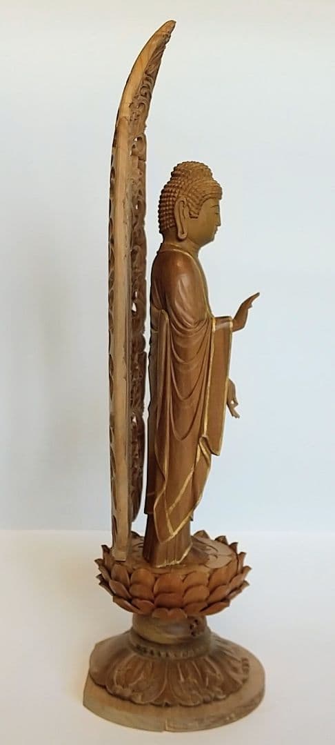 阿弥陀如来立像 5寸 #661 円台座 宝相華唐草 透彫り◆白檀 木彫 仏像