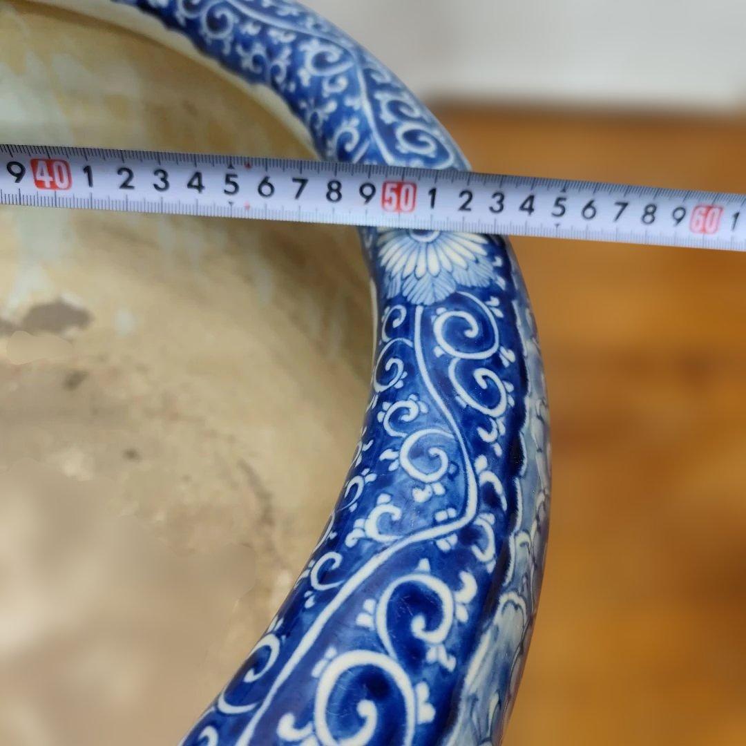 藍 手描きの雲龍模様 陶器 大きな火鉢