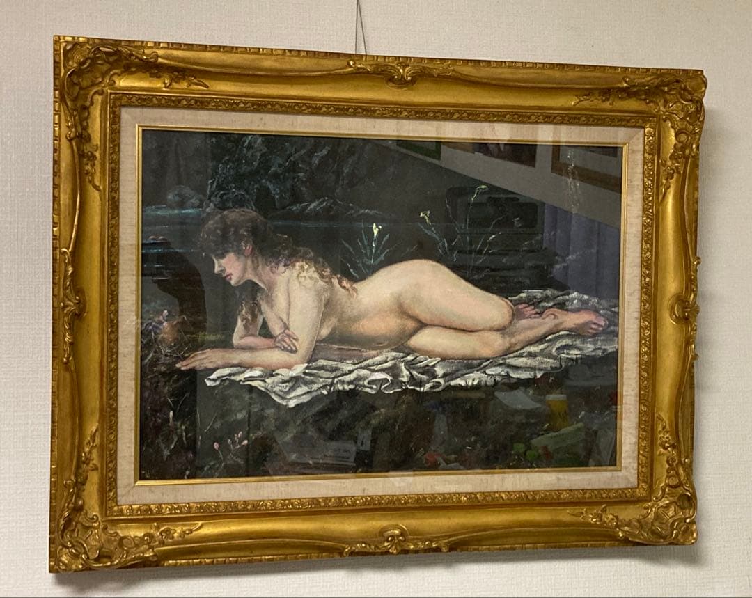 絵画/人物画/山本芳翠 [横たわる裸婦] M12号/油彩画/画集付き/豪華額装品