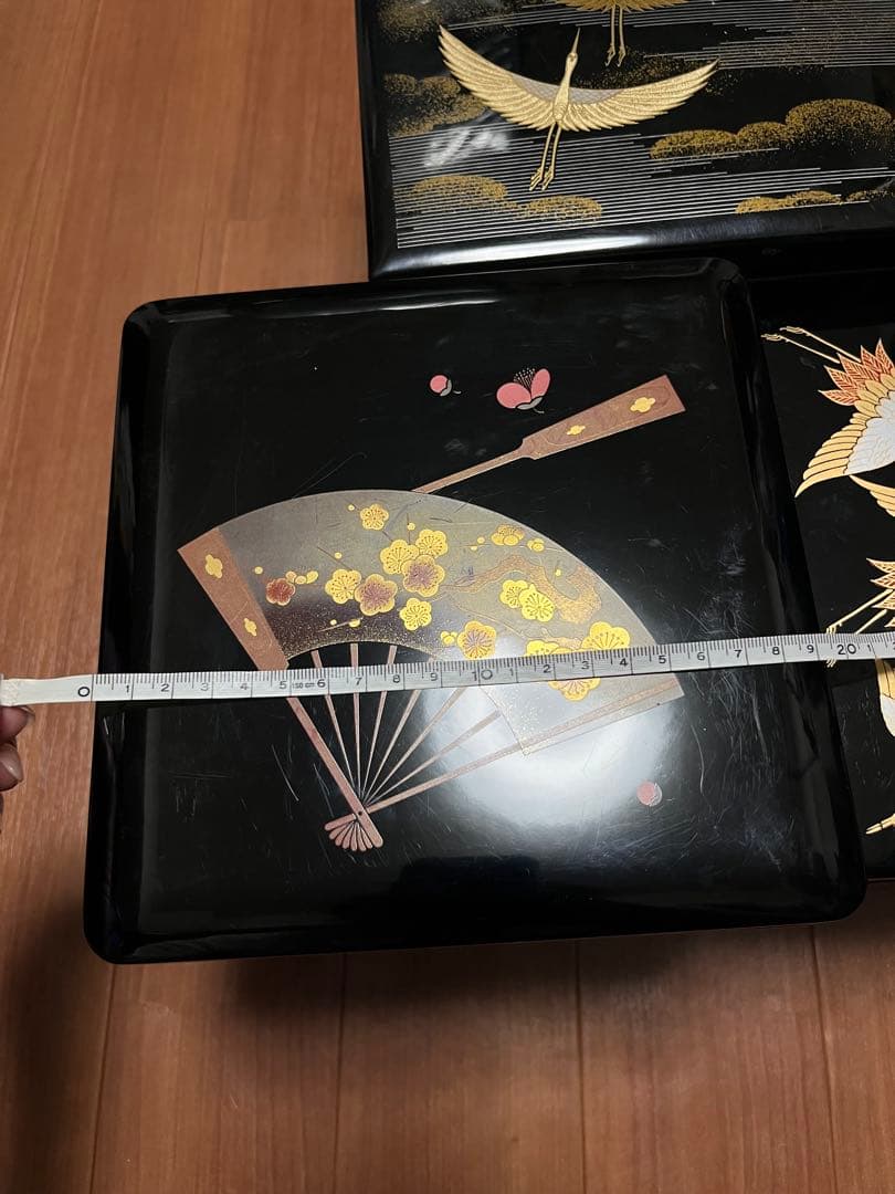 重箱 鶴と扇の装飾、3個セット