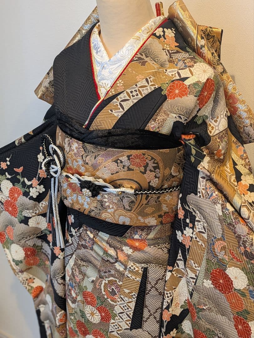 ྈ ྈ様 振袖フルセット 身丈173裄68 ロング丈 黒 古典柄 金彩 成人式