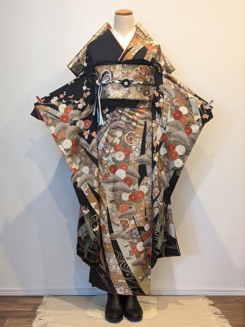 ྈ ྈ様 振袖フルセット 身丈173裄68 ロング丈 黒 古典柄 金彩 成人式