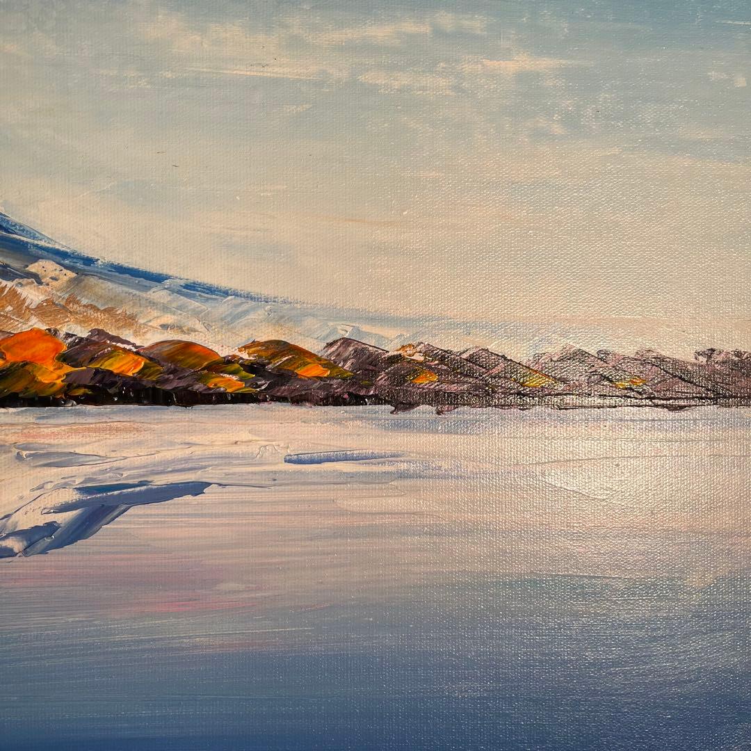 手書き油絵 色づく湖と山 額付き 肉筆絵画 インテリア 油彩画