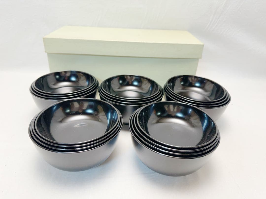 未使用 懐石道具 黒塗 四つ椀 小丸椀 5客揃 元箱