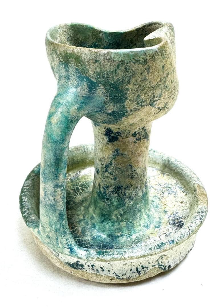 古代イラン・ペルシャ古陶 青釉銀化灯火器 箱付 古美術 古玩 骨董WWTT231