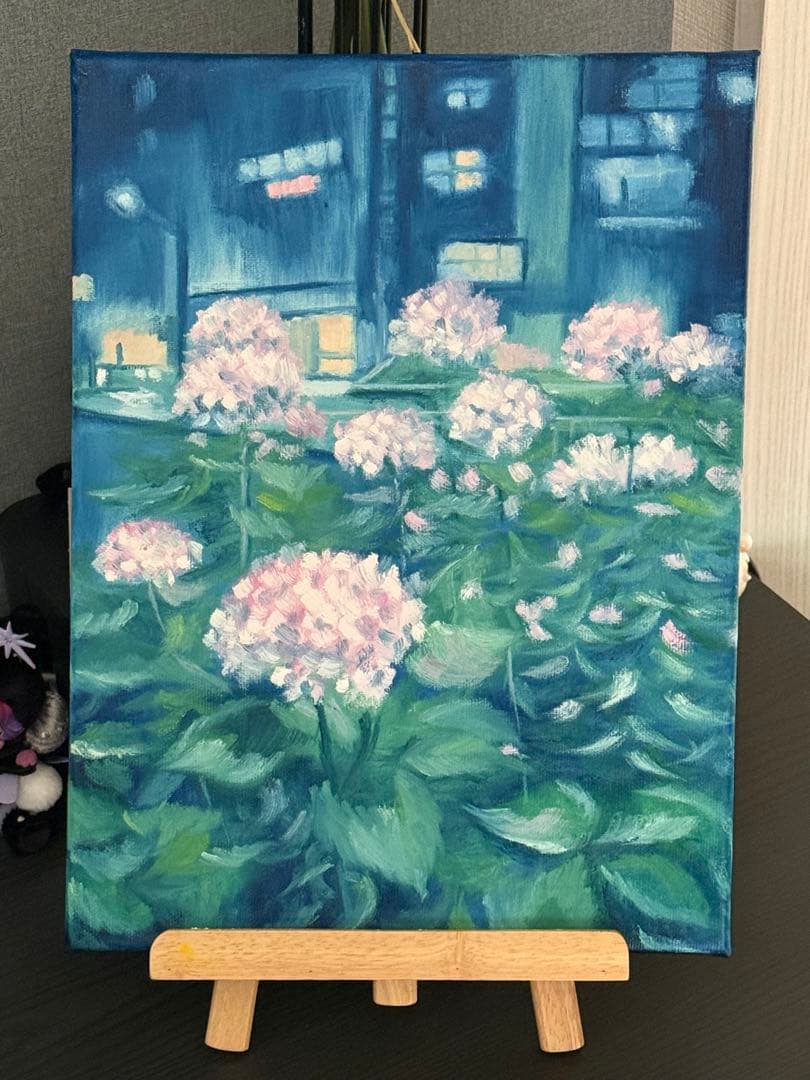 「夜のアジサイ」　手描き　油絵　風景画　原画　油彩画　紫陽花