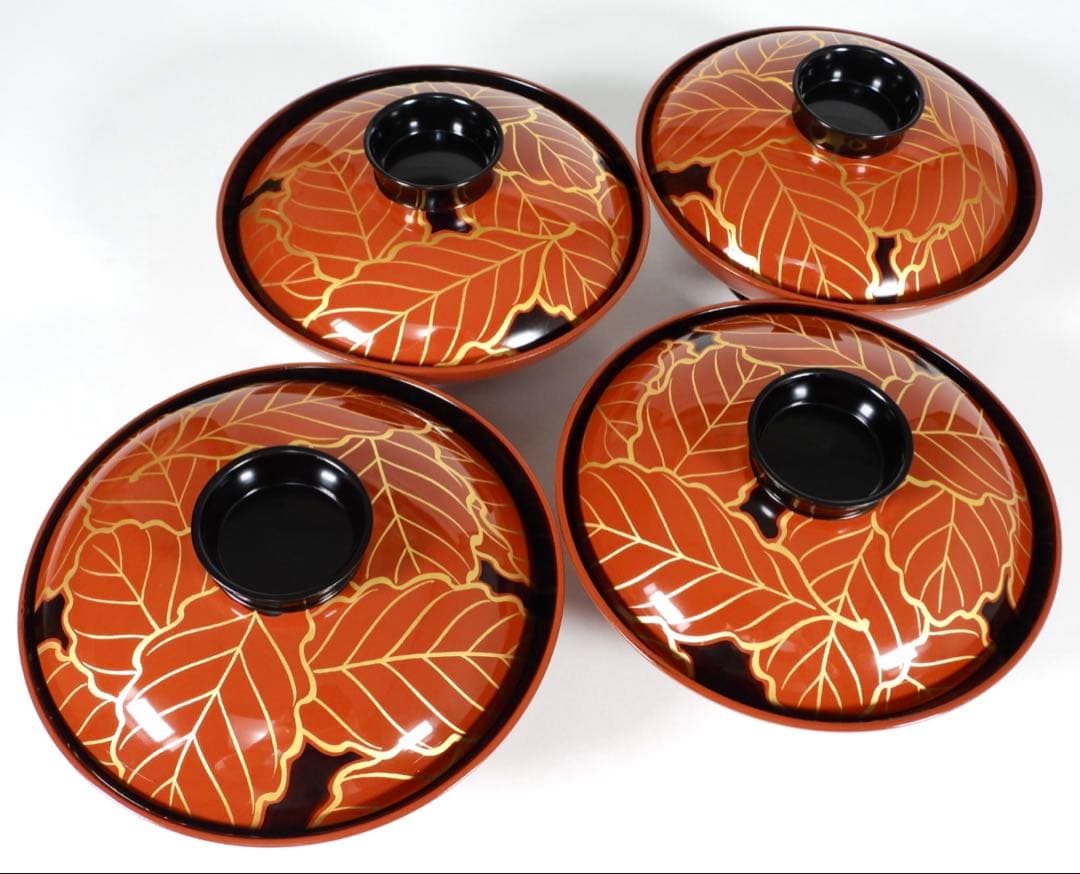 輪島塗　金彩蒔絵　柏葉尽蒔絵　木製　大煮物碗 吸物碗 四客