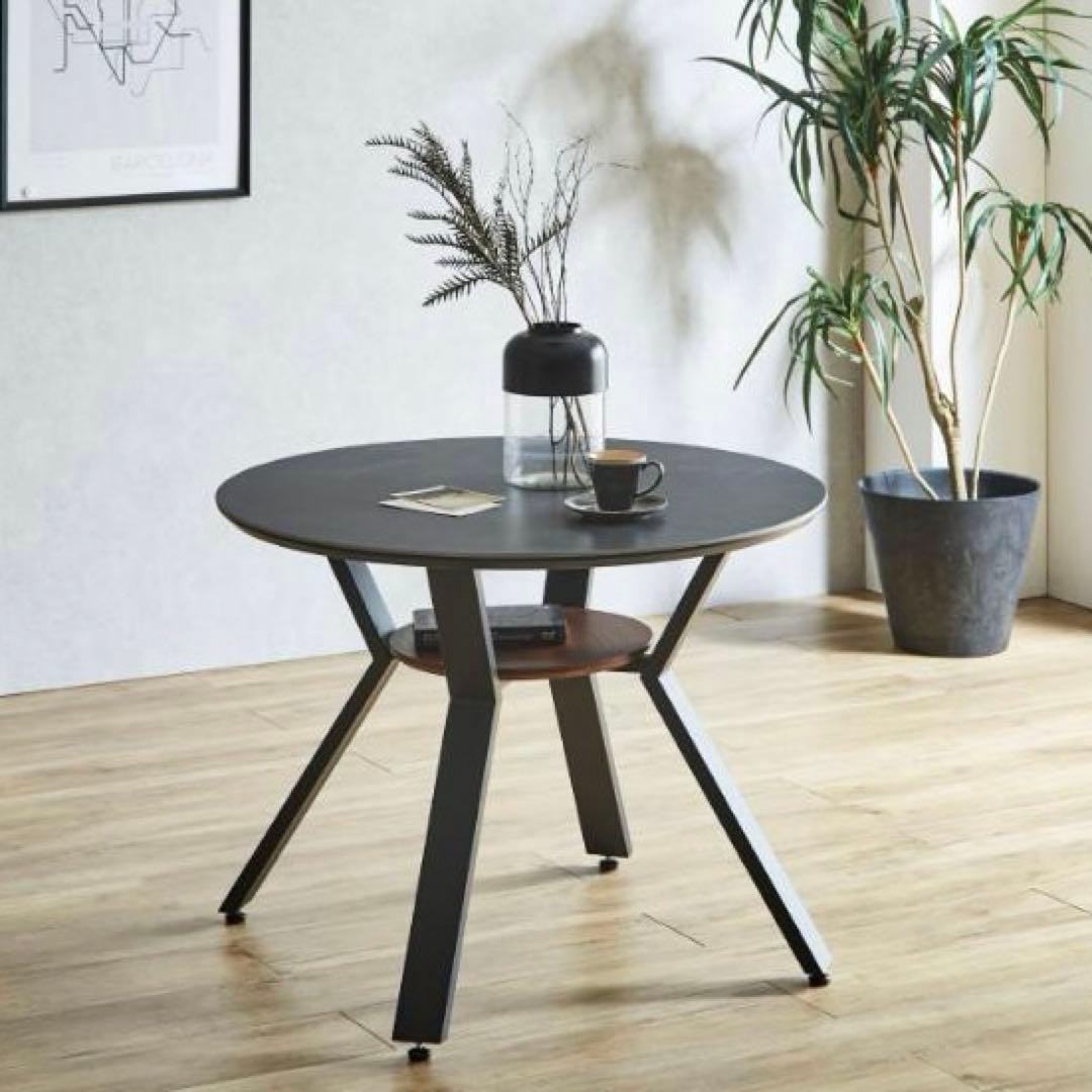 Kumackey　丸ダイニングテーブル　カフェテーブル　グレー　棚付き