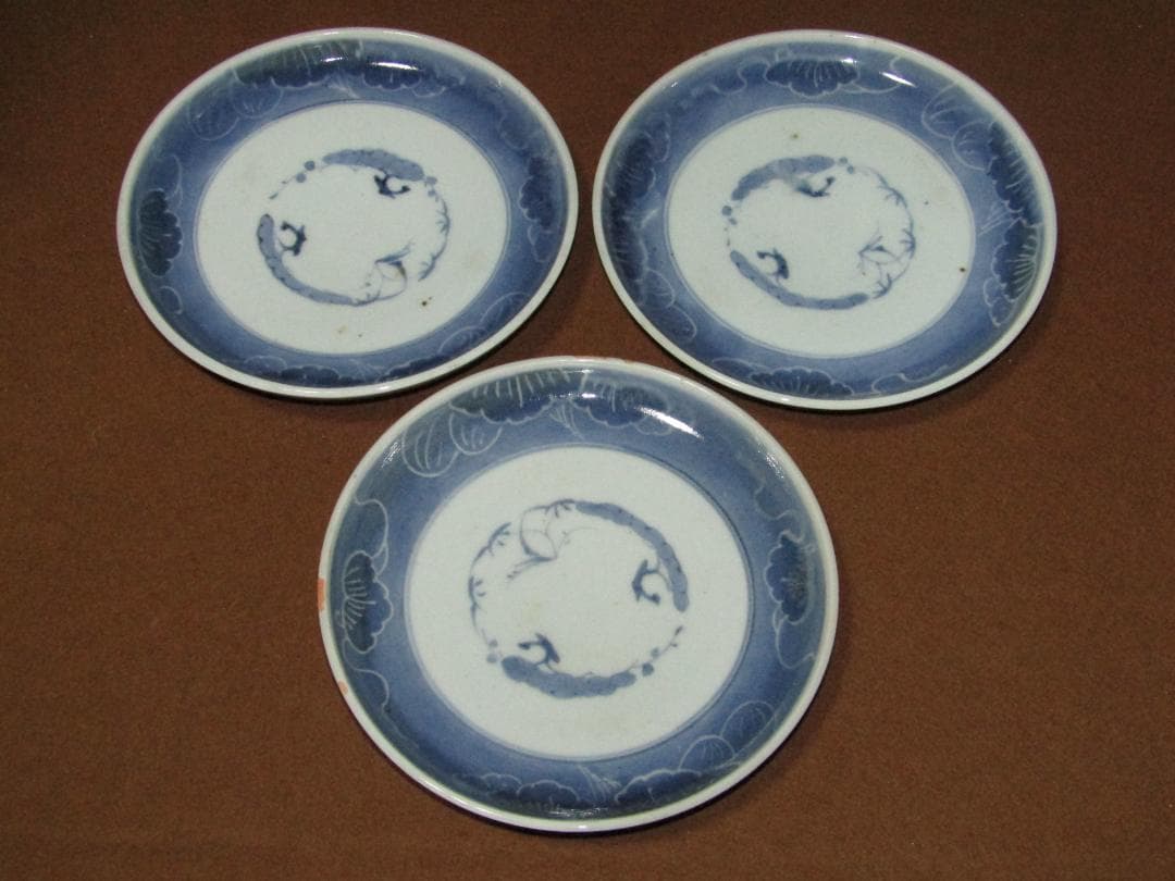 珍品！【染付　墨弾き　松竹梅図　六寸皿　七枚　江戸時代】古伊万里