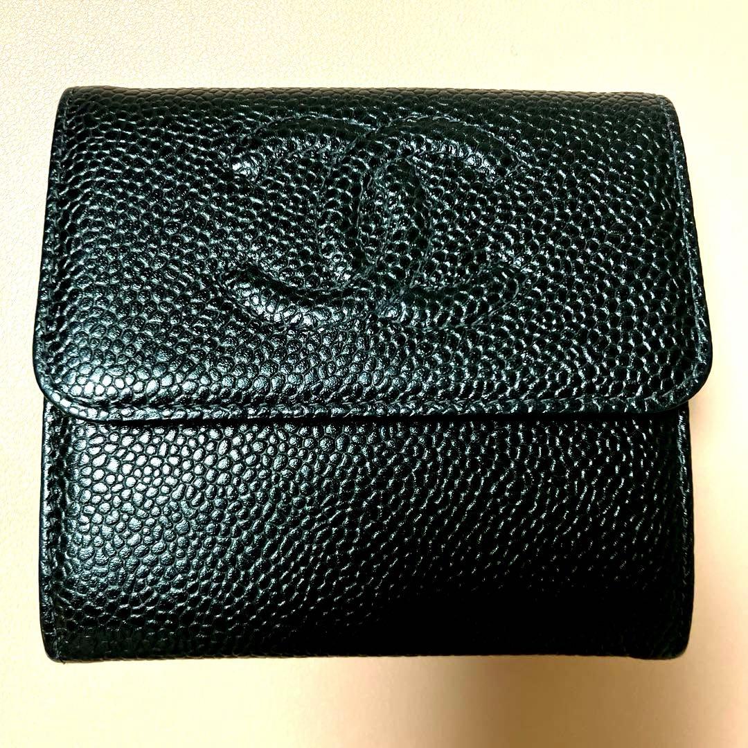 12/25迄価格CHANEL キャビアスキン三つ折り財布 ブラック