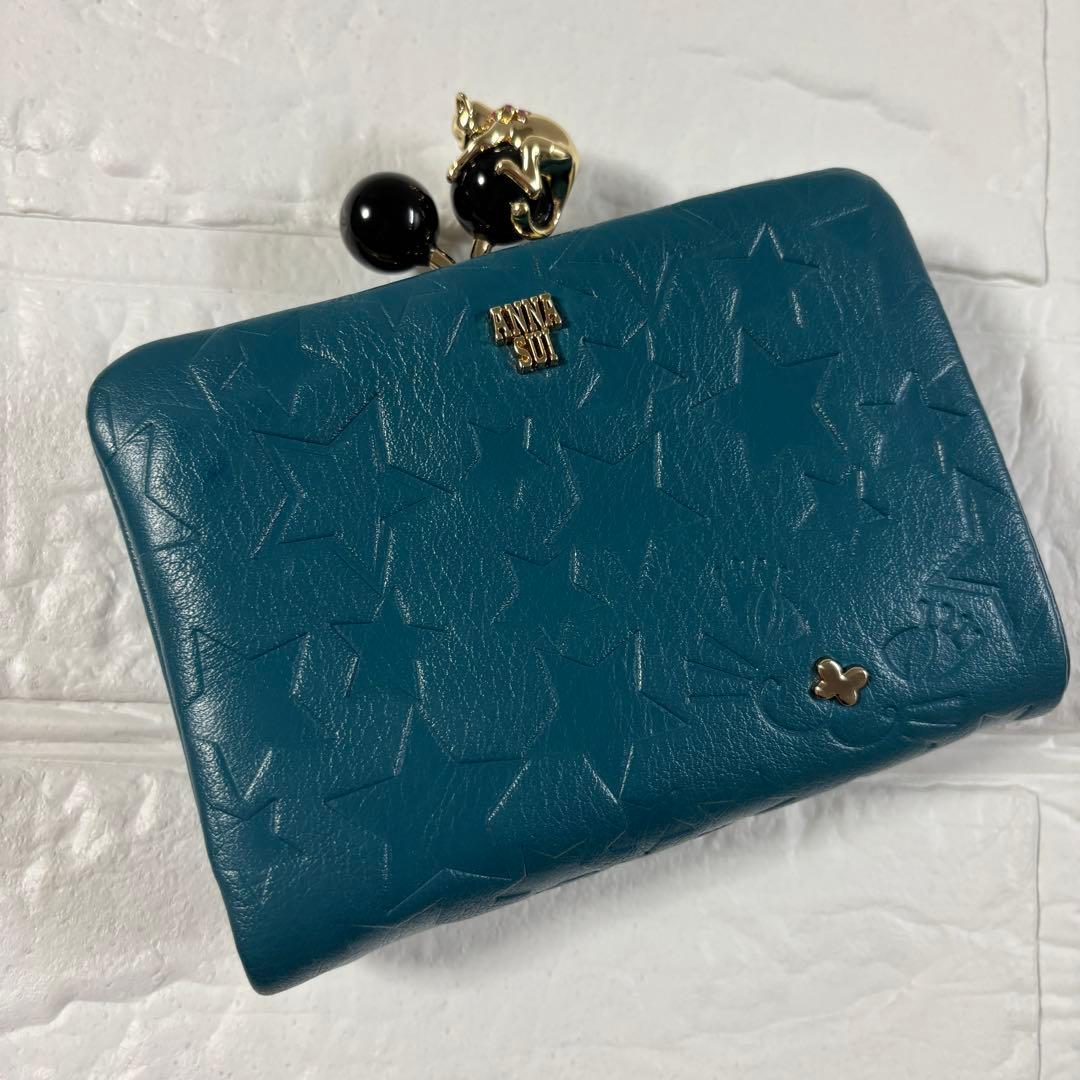 ANNA SUI プレイングキャット がま口二つ折り財布　猫 ターコイズ