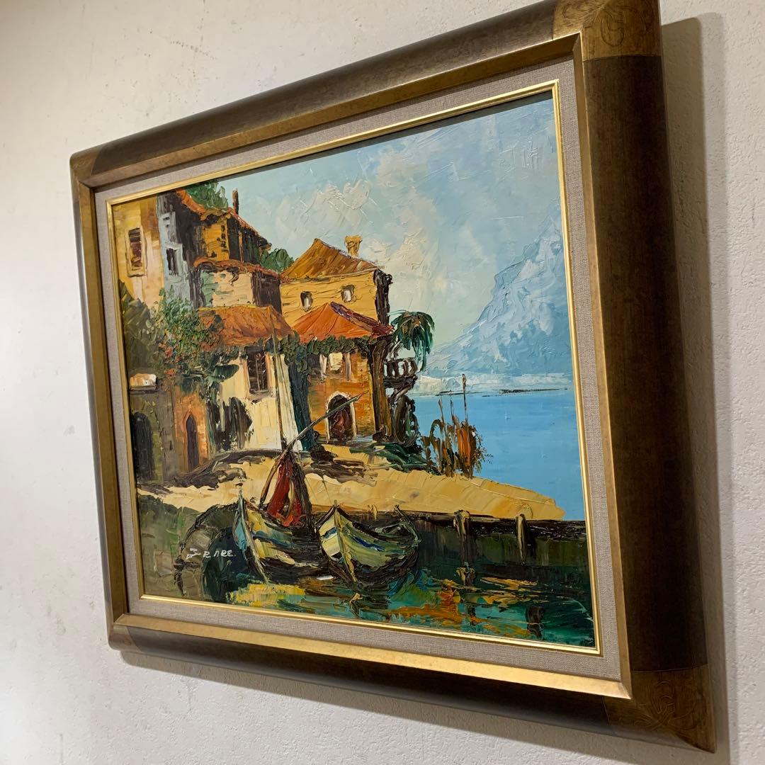 絵画　油彩肉筆画　海外作家『イタリア港風景』F10 高級額装