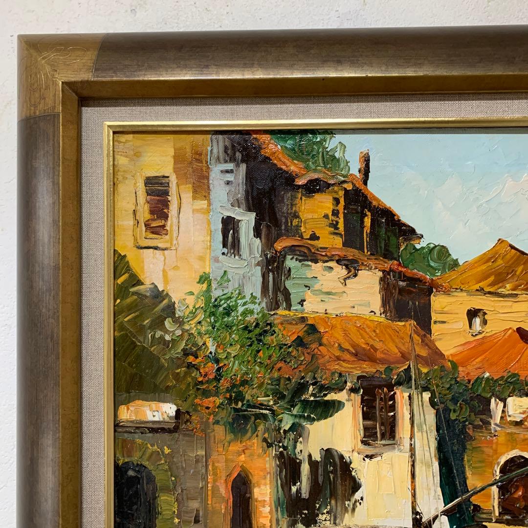 絵画　油彩肉筆画　海外作家『イタリア港風景』F10 高級額装
