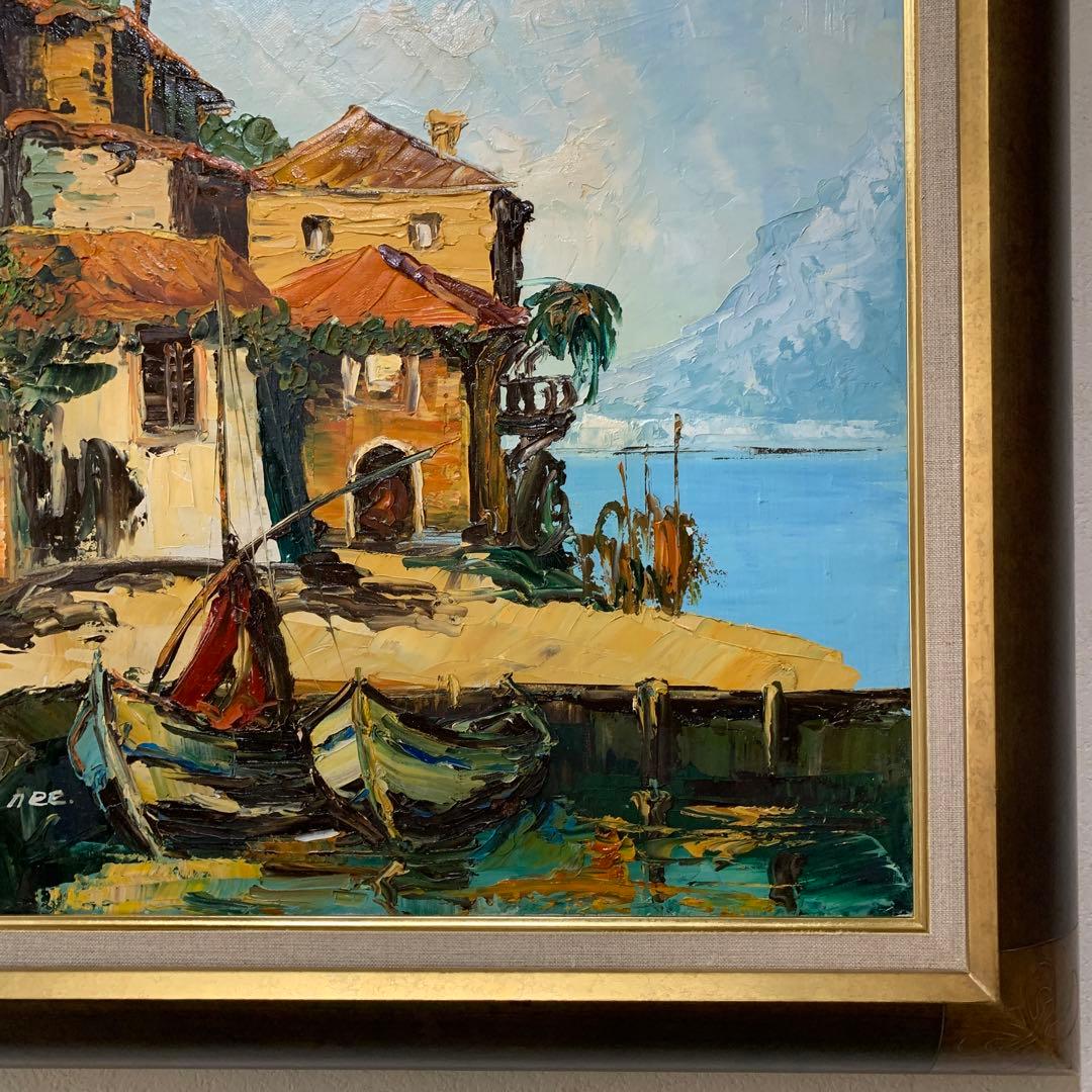 絵画　油彩肉筆画　海外作家『イタリア港風景』F10 高級額装