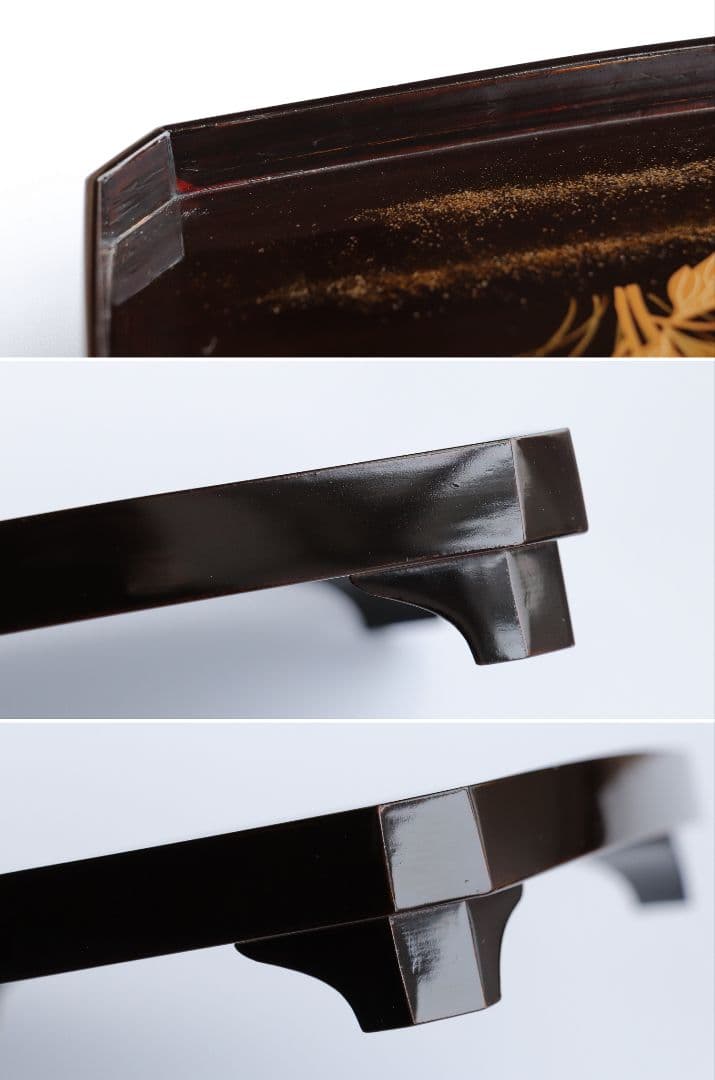 CH74 時代木製漆器 花鳥金蒔絵 黒塗吸物膳 五客 足付 隅切四方膳 盆 梨地